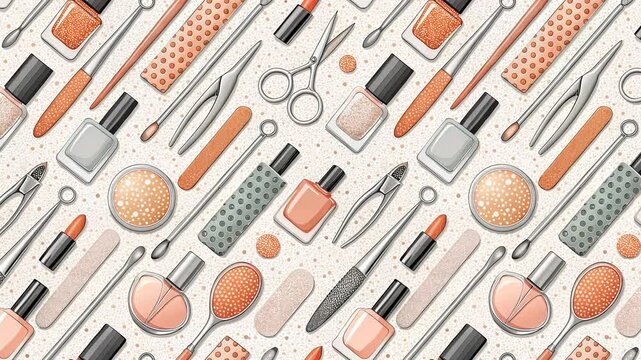 Manicure tools. Looping Background. Nail polish, nail files, cuticle clippers, scissors, pouchers, lipstick and other accessories. Perfect background for advertising and beauty blogs.