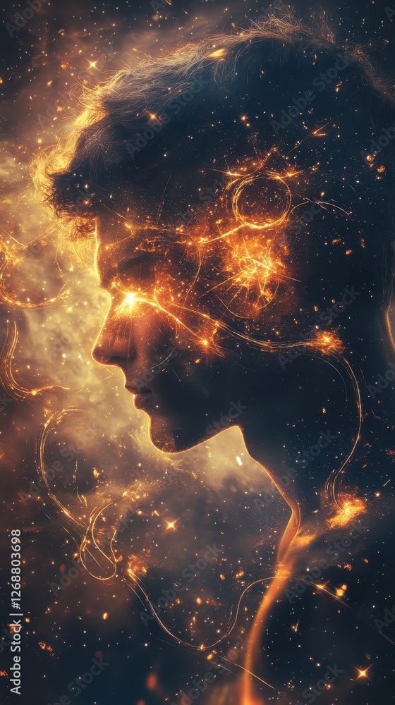 Poster conceptual exploration of a man's profile illuminated by cosmic elements in a surreal landscape