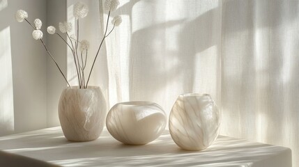 Three alabaster vases with natural veining patterns arranged on windowsill with dried dandelion stems, illuminated by soft natural light filtering through sheer curtains. Generative AI