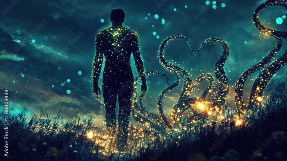 Aufkleber man illuminated with ethereal glow surrounded by swirling tentacles in a mystical landscape at twili
