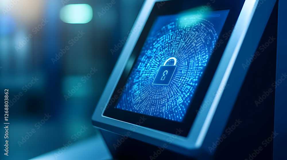 Poster high-tech digital security lock on a sleek monitor in a modern setting.