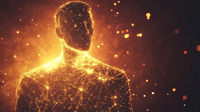Man radiates a glowing aura of interconnected energy and light during a conceptual exploration of human potential and creativity