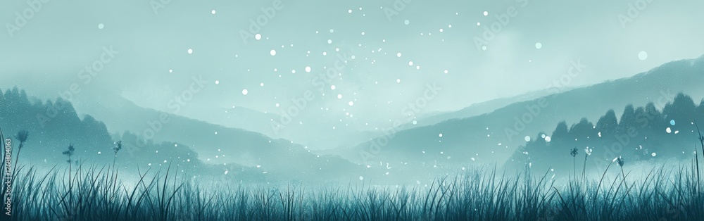Poster Calm grassy landscape under a gradient cyan sky with mist and soft light creating a serene atmosphere