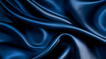 Fototapeta premium Luxurious dark blue satin fabric with smooth, flowing texture and elegant drapes.