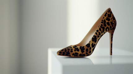 A detailed shot of a pair of high-heeled shoes featuring a stylish leopard print pattern, positioned elegantly on a white surface.