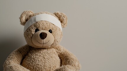 Obraz premium A cute teddy bear with a bandage on its head sits against a plain wall, exuding a comforting, friendly vibe.