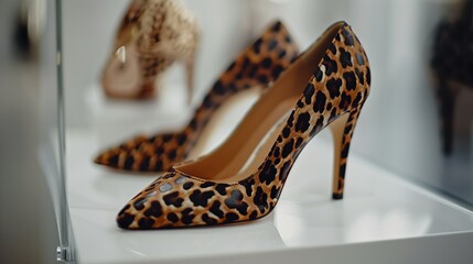 A detailed shot of a pair of high-heeled shoes featuring a stylish leopard print pattern, positioned elegantly on a white surface.
