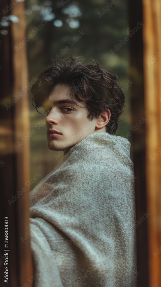 Poster serene moment captured in minimalist style featuring a young man wrapped in a blanket, reflecting a 