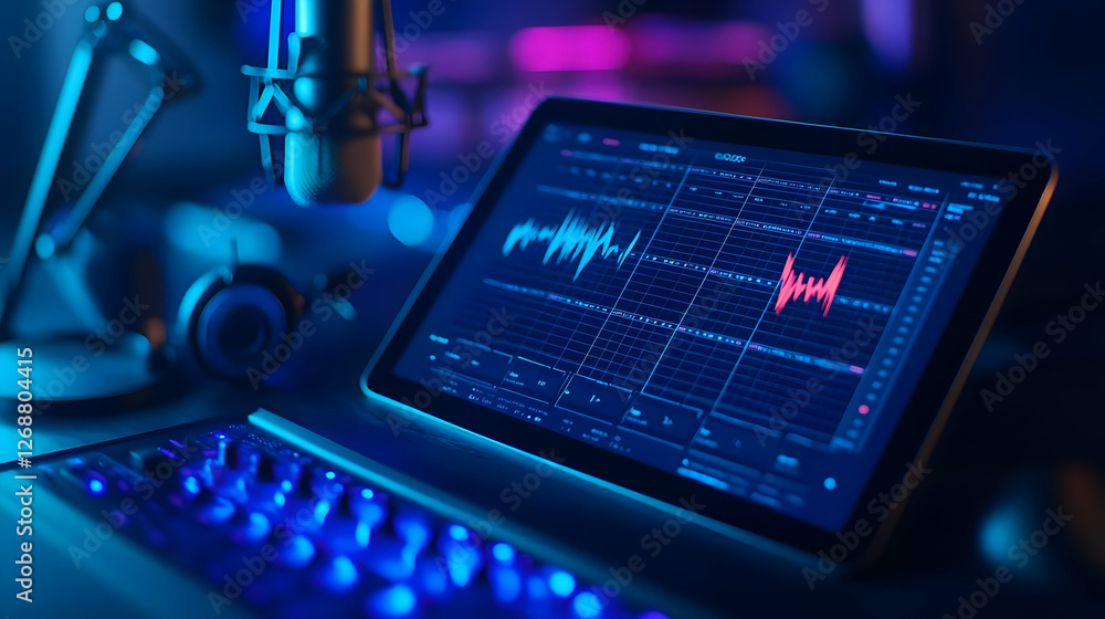 Poster modern audio editing setup with microphone and digital sound waves on display.
