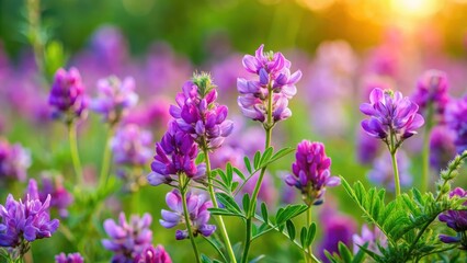 Colorful purple flowers bloom amidst lush green leaves and stems of Mongolian milkvetch in a vibrant meadow