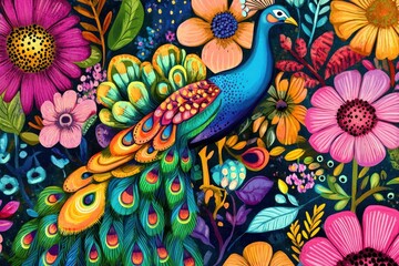 Obraz premium Botanical fine art wallpaper with colorful birds, graceful peacocks, and intricate flowers hand-drawn in a vintage ornamental style.