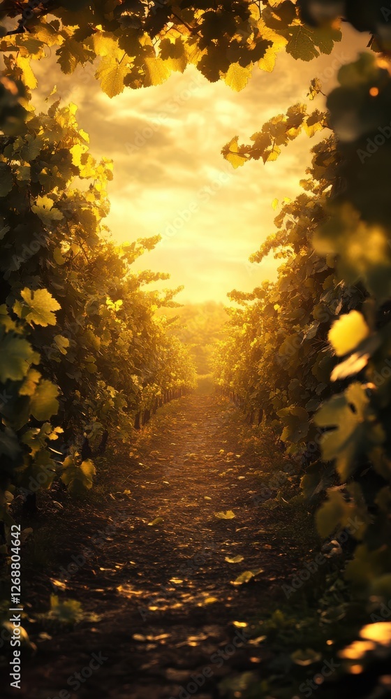 Poster Golden hour light filters through lush vineyard rows, creating a tranquil path for evening strolls