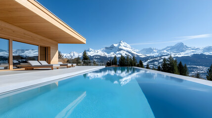 Fototapeta premium Modern house with stunning pool overlooking snow-capped mountains and clear blue sky.