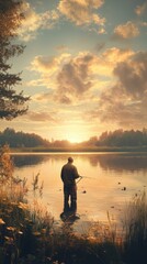Fisherman enjoying a serene sunset by the calm lake