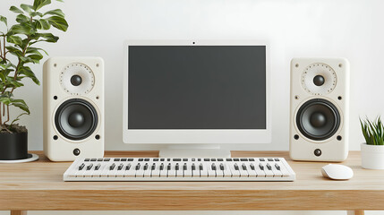 Obraz premium Home music studio setup with computer, speakers, keyboard