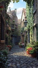 Charming narrow alley adorned with vibrant flowers and greenery in a historic village during daylight