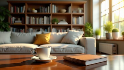 Parent with questions, Living room with bookshelf and steaming tea on a coffee table. Photorealistic.
