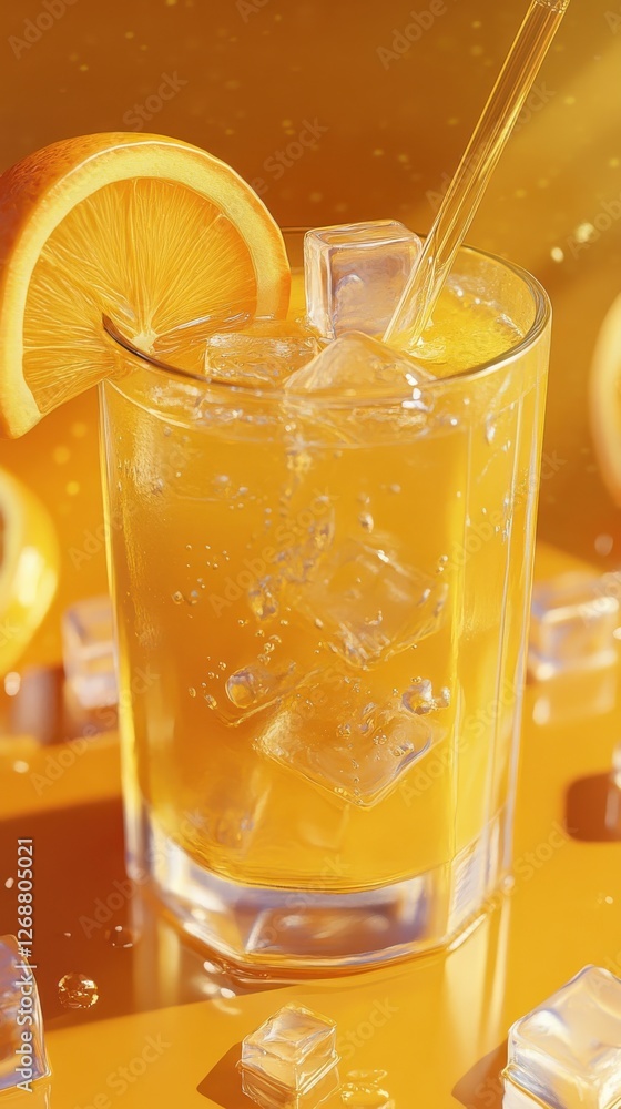 Poster Refreshing citrus drink with ice and lemon slice on a vibrant yellow background