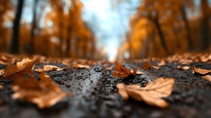 Obraz premium Pathway covered with colorful autumn leaves in a serene forest setting.