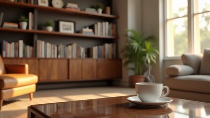 Parent with questions, Living room with bookshelf and steaming tea on a coffee table. Photorealistic.