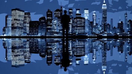 Silhouette of a person overlooking a dark urban landscape in an ai generated illustration