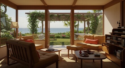 Obraz premium Cozy Living Room with Ocean View and Lush Garden Patio