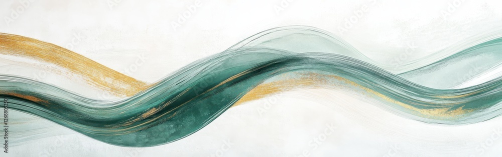 Poster sweeping pencil strokes in muted green and gold create an abstract flow of elegance and tranquility 