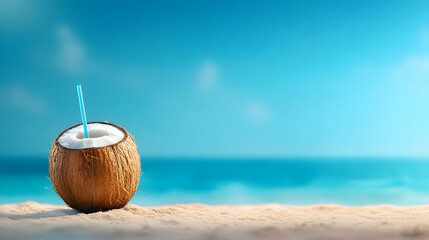 Refreshing coconut drink on a sandy beach with a beautiful ocean backdrop.