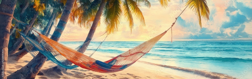 Poster Relaxing hammock sways between palm trees on a tranquil beach at sunset with gentle waves lapping the shore