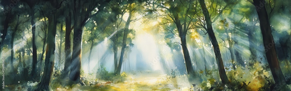 Aufkleber Sunlight streaming through trees in a tranquil forest setting during early morning hours