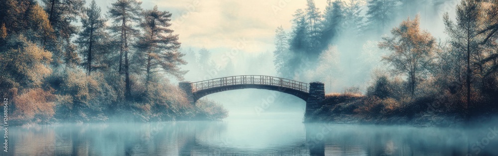 Poster beautiful watercolor background featuring a tranquil bridge over a misty river surrounded by autumn 
