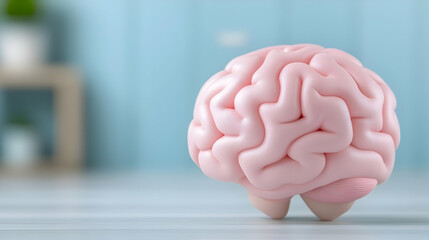 Pink brain model on table, home office background, mental health