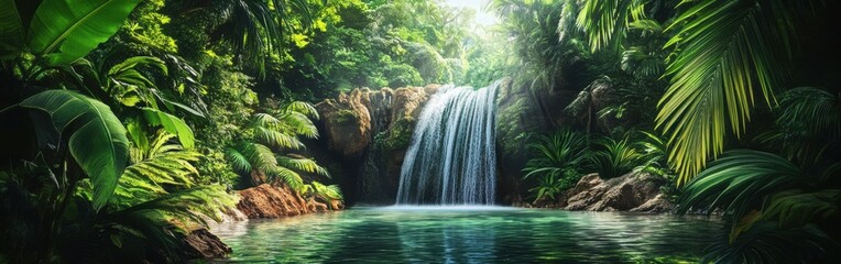 Watercolor background depicting a serene jungle waterfall surrounded by vibrant greenery and tranquil waters in a tropical setting