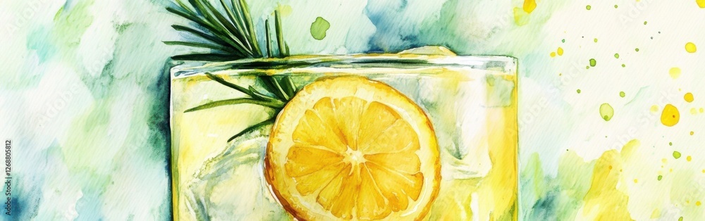 Aufkleber Close-up view of refreshing lemonade with a slice of lemon and a sprig of rosemary against a watercolor backdrop