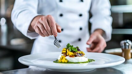 Chef Garnishing Plate with Fresh Ingredients in Professional Kitchen