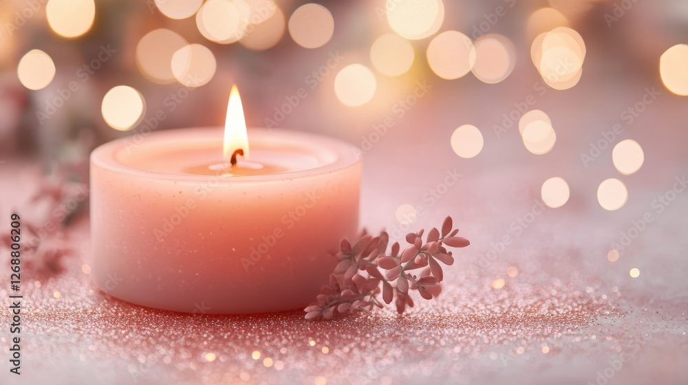 Poster subtle peach candle glows among rose-gold sparkles in an enchanting setting for relaxation and tranq