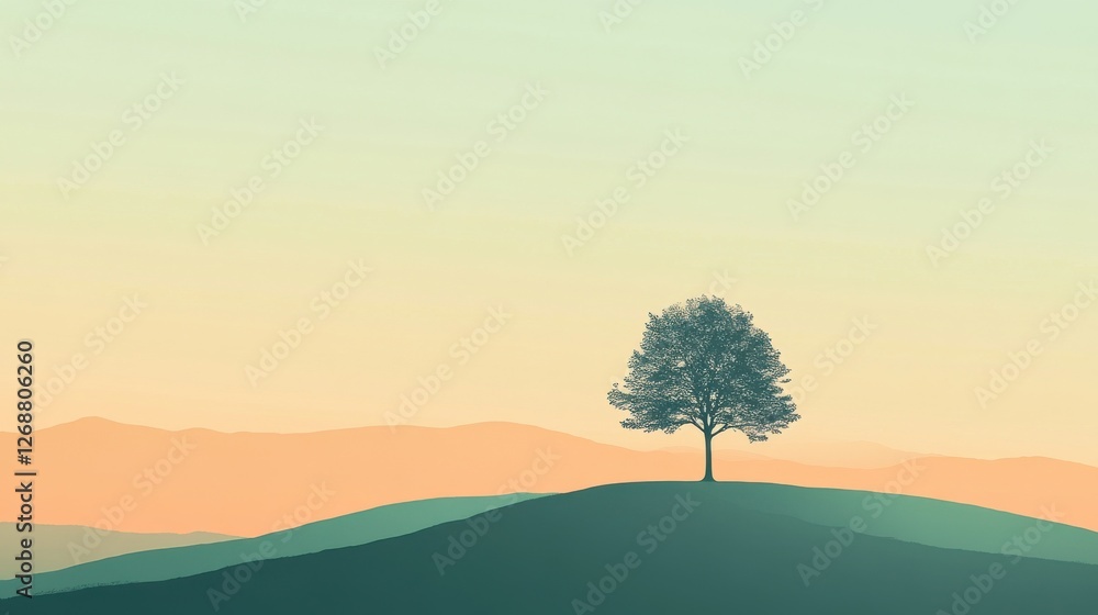 Aufkleber silhouette of a single tree on a gentle hill at sunset with mountains in the background