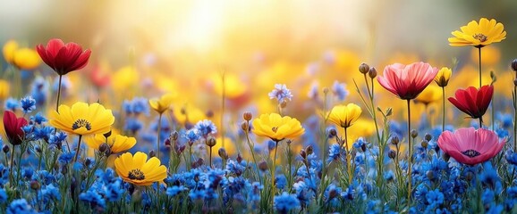 Panoramic View of a Colorful Flower Meadow with Poppies and Cornflowers in Sunlight