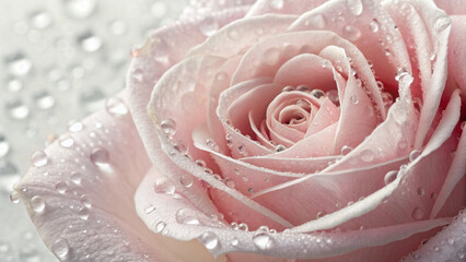 Fototapeta premium A detailed close-up image of a soft pink rose adorned with crystal-like droplets, showcasing its delicate petals and natural beauty.