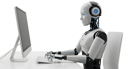 AI in the Workplace Robot Typing on Computer Keyboard on White Background
