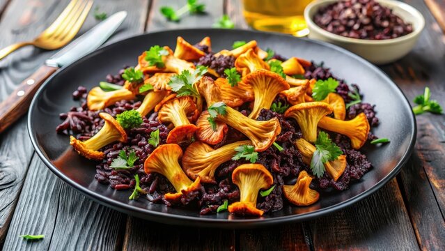 Healthy seared girolles mushrooms with black rice on a plate, nutritious, girolles,  nutritious, girolles, seared