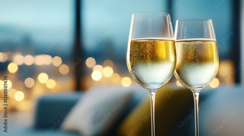 Poster two elegant glasses of sparkling wine with bokeh lights in the background.