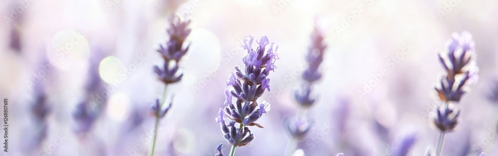 Aufkleber Lavender blossoms in soft bokeh background create a tranquil atmosphere during a sunny afternoon in a blooming garden