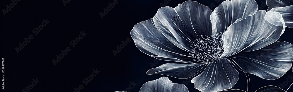 Poster simplistic silver flower outlines create an elegant design against a rich dark background