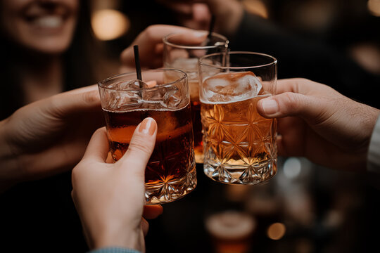 A group of friends toasting with glasses of whiskey and cocktails in a warm, dimly lit bar setting, celebrating a special occasion.