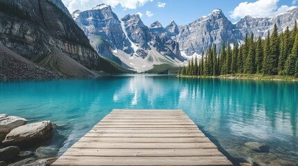Wooden pier extending into tranquil blue lake surrounded by mountains and forest