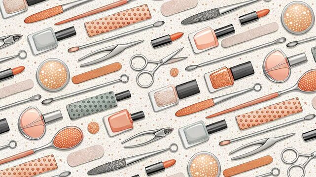 Manicure tools. Looping Background. Nail polish, nail files, cuticle clippers, scissors, pouchers, lipstick and other accessories. Perfect background for advertising and beauty blogs.