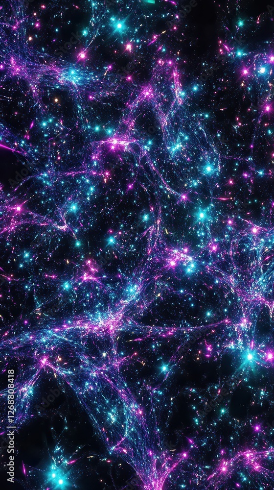 Poster vibrant cosmic display of neon violet and bright cyan sparkles across a dark backdrop