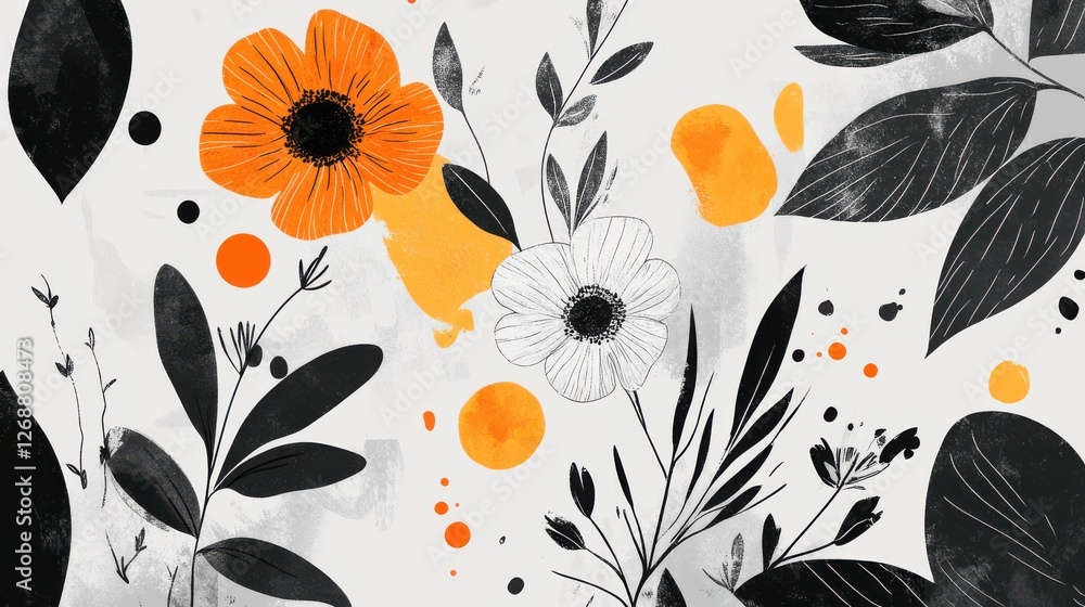 Poster minimalist spring illustration featuring monochromatic flowers and abstract shapes in a grayscale pa