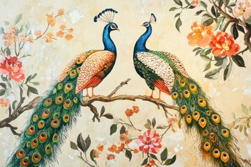 Classic Handdrawna and Hand Painted Retro Vintage Style Fine Art canvas for wallpaper and background with Colorful Peacocks, birds, Flowers and plants, Nature-inspired and floral botanical, ornamental
